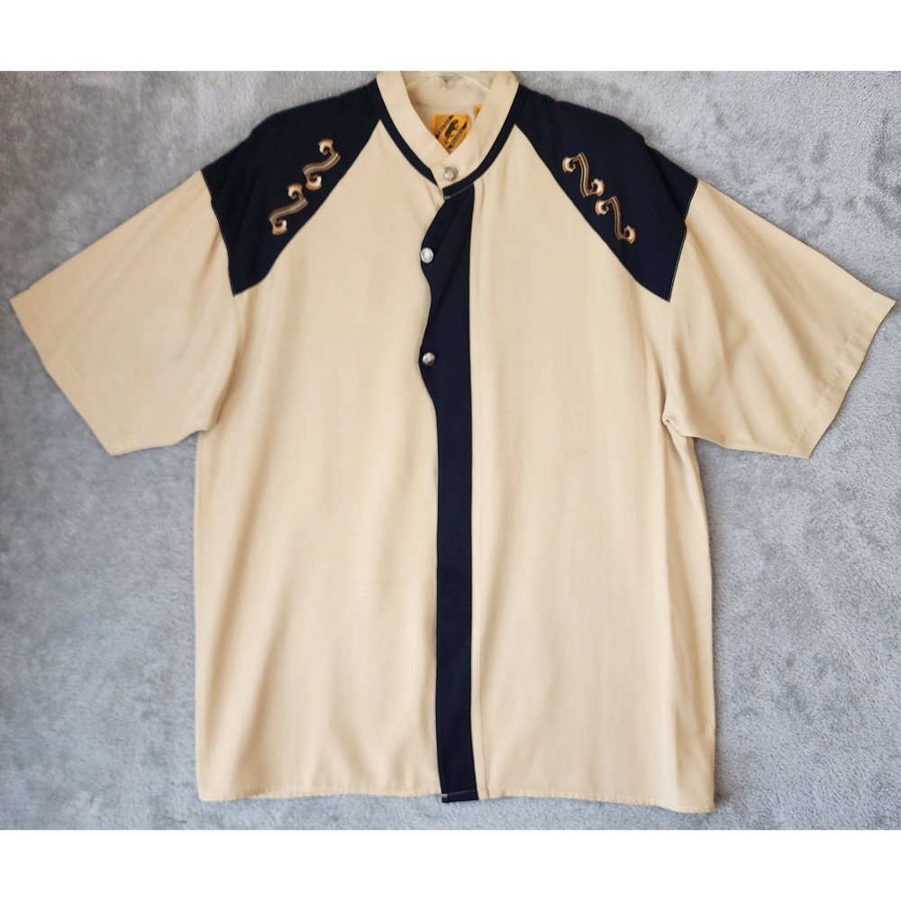 Trutus Biancarra Shirt Mens Large Tan Black Western Embroidered Retro Vintage